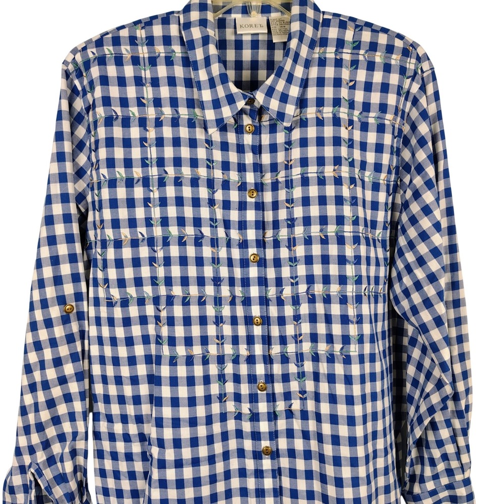 NWT Koret Womens SZ 16W Oakville Shirt Blue Gingham Embroidered Cottagecore
